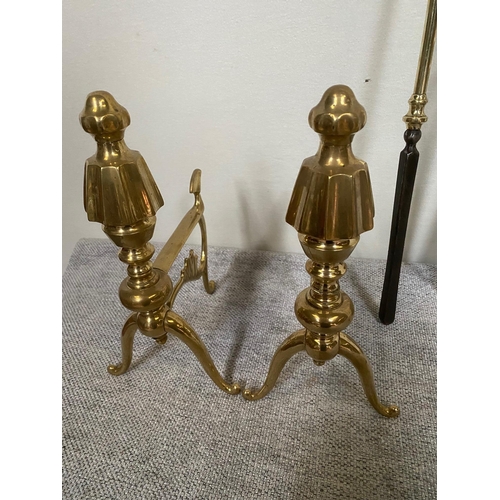 196 - Set of three brass fire irons and brass fire dogs.