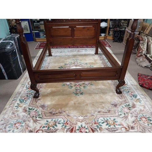 212 - Good quality carved mahogany four poster bed with barley twist columns raised on ball and claw feet ... 