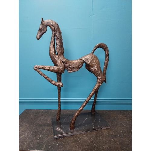 220 - Contemporary bronze sculpture of a horse on a marble base {88cm H x 62 cm W x27 cm D}