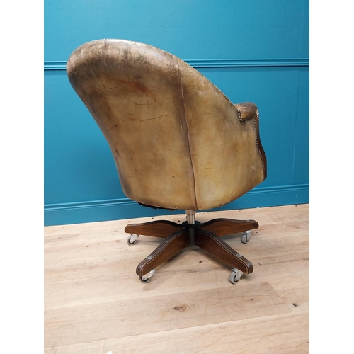 233A - Early 20th C. hand dyed deep button leather and mahogany swivel desk chair {90 cm H x 64 cm W x 80 c... 