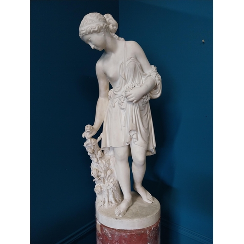 242 - 19th C. Italian carved Carrera marble statue of a Grecian Lady picking roses {84cm H x 30cm Dia.}