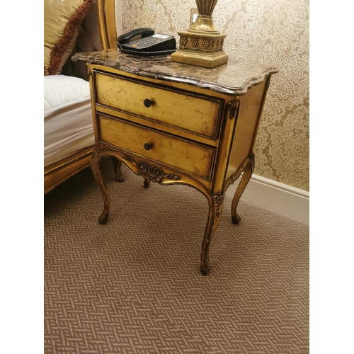 254 - Pair of French giltwood bedside cabinets with marble top {72 cm H x 59 cm W x 40 cm D}.