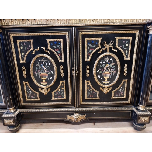 262 - 19th. C. ebonised rosewood inverted breakfront credenza, the cabinet ornately decorated with gilded ... 