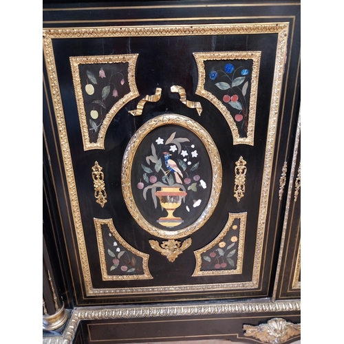 262 - 19th. C. ebonised rosewood inverted breakfront credenza, the cabinet ornately decorated with gilded ... 