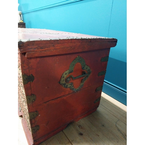 297 - Early 20th C. painted pine trunk with brass stud decoration {67 cm H x 123 cm W x 67 cm D}.