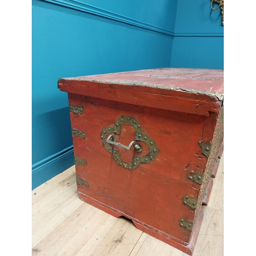 297 - Early 20th C. painted pine trunk with brass stud decoration {67 cm H x 123 cm W x 67 cm D}.