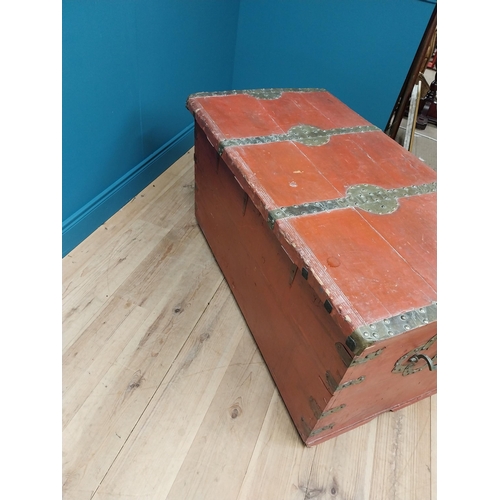 297 - Early 20th C. painted pine trunk with brass stud decoration {67 cm H x 123 cm W x 67 cm D}.