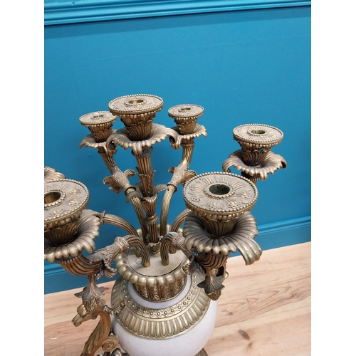 301 - Pair of exceptional quality gilded brass and ceramic seven branch candelabra {87 cm H x 49 cm Dia.}.