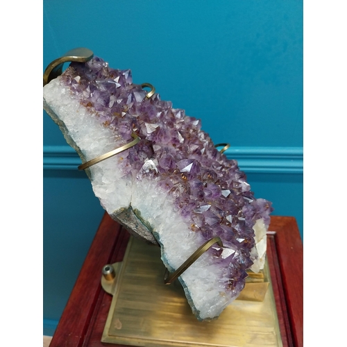 308 - Rare Amethyst crystal cluster mounted on brass stand {32 cm H x 17 cm W x 20 cm D}.