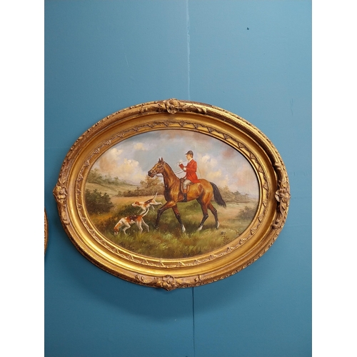 311 - Pair of Hunting scenes oil on board mounted in giltwood frames {42 cm H x 52 cm W}.