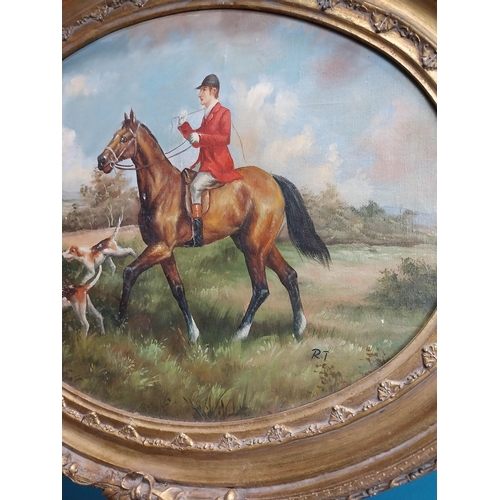 311 - Pair of Hunting scenes oil on board mounted in giltwood frames {42 cm H x 52 cm W}.