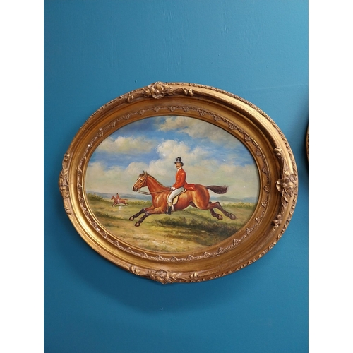 311 - Pair of Hunting scenes oil on board mounted in giltwood frames {42 cm H x 52 cm W}.