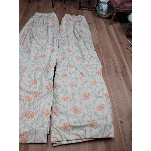 338 - Pair of floral fabric curtains with matching curtain ties {218 cm H x 220 cm W}.