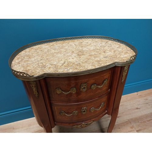 341 - 19th C. kidney shaped side cabinet with marble top, brass gallery and ormolu mounts with two drawers... 