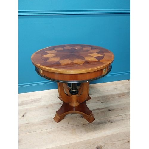 343 - Pair mahogany lamp tables with inlaid top raised on platform base in the Empire manner {66 cm H x 72... 