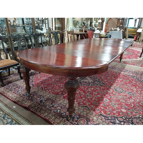 349 - 19th C. mahogany extendable dining table raised on fluted legs and brass castors with five leaves {8... 