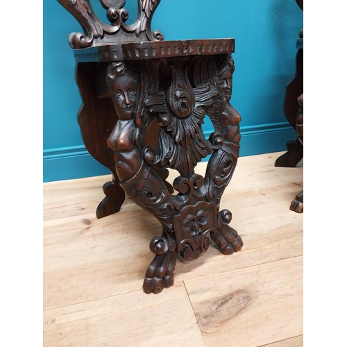 364 - Pair of 19th C.  carved walnut armorial hall chairs . {100 cm H x 40 cm W x 40 cm D}.