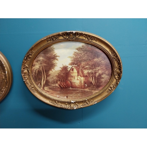 366 - Pair of Farmyard scene coloured prints mounted in oval giltwood frames { 38cm H X 48cm W }.