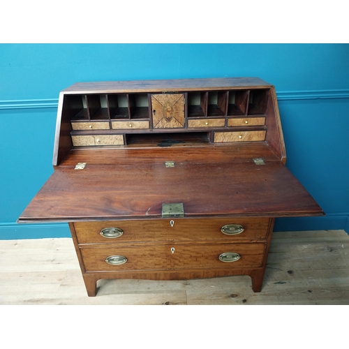 370 - Early 19th C. mahogany bureau with fitted interior, four graduated drawers and handles raised on bra... 