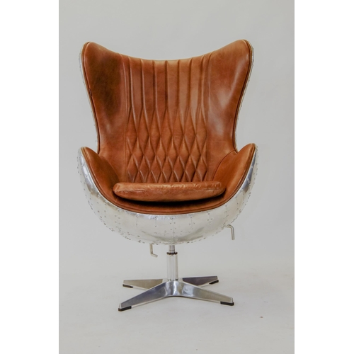 376A - Chrome and leather swivel office chair in the Aviator style.{120 cm H x 78 cm W}.