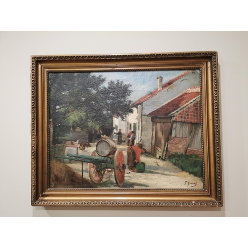 41 - F. Gerard Village scene oil on canvas mounted in giltwood frame {79 cm H x 97 cm W}.
