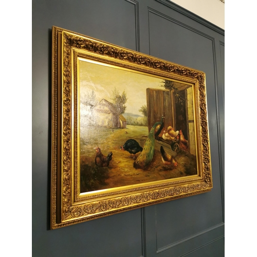 5 - Oil on canvas Farmyard scene mounted in gilt frame {128 cm H x 157 cm W}.