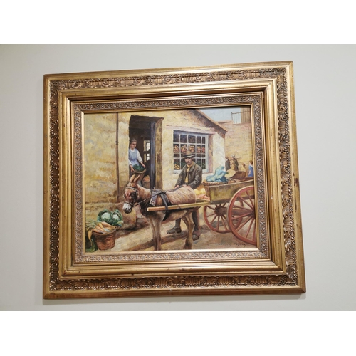 61 - L. Jones  Market scene oleograph mounted in gilt frame {83 cm H x 92 cm W}.