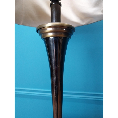 63 - Brushed steel and brass table lamp with pleated fabric shade {70 cm H x 32 cm Dia.}.