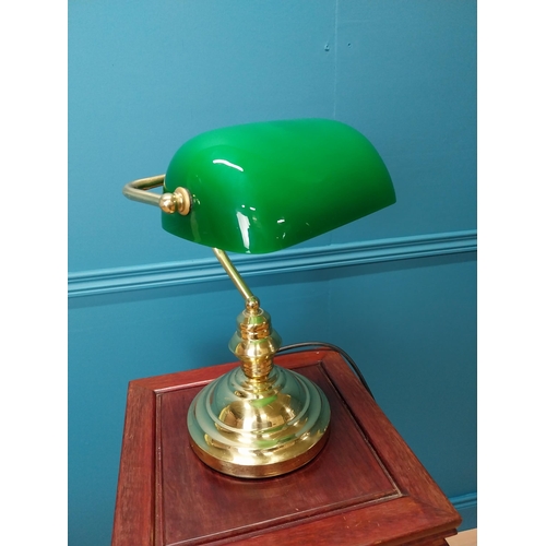 65 - Good quality brass bankers desk lamp with green glass shade {36 cm H x  20 cm W x 24 cm D}.