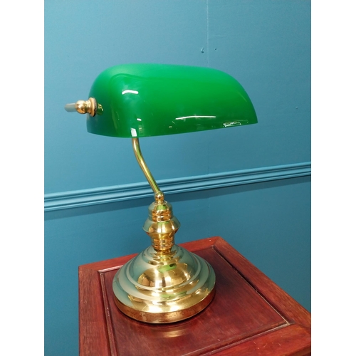 65 - Good quality brass bankers desk lamp with green glass shade {36 cm H x  20 cm W x 24 cm D}.
