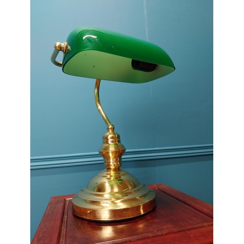 65 - Good quality brass bankers desk lamp with green glass shade {36 cm H x  20 cm W x 24 cm D}.