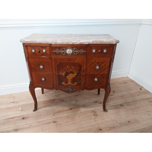 66 - Good quality French side cabinet with marble top, marquetry inlay and ormolu mounts raised on cabrio... 