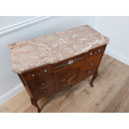 66 - Good quality French side cabinet with marble top, marquetry inlay and ormolu mounts raised on cabrio... 