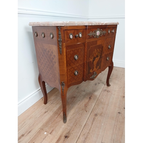 66 - Good quality French side cabinet with marble top, marquetry inlay and ormolu mounts raised on cabrio... 