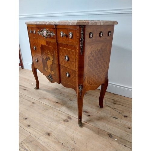 66 - Good quality French side cabinet with marble top, marquetry inlay and ormolu mounts raised on cabrio... 