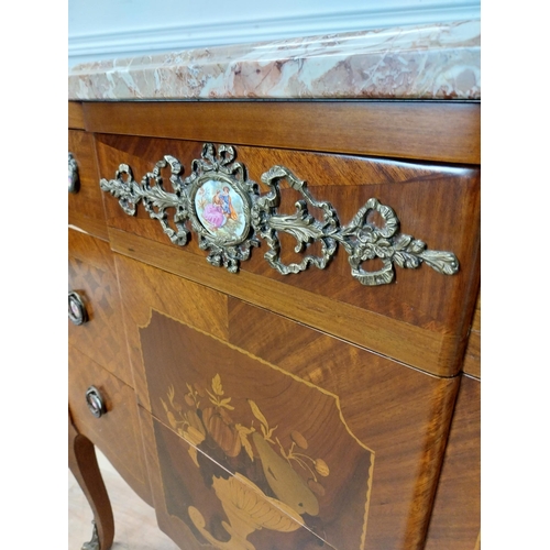 66 - Good quality French side cabinet with marble top, marquetry inlay and ormolu mounts raised on cabrio... 