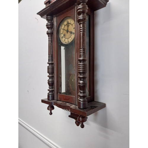 72 - Early 20th C. mahogany Vienna wall clock with enamel dial {82 cm H x 37 cm W x 18 cm D}.