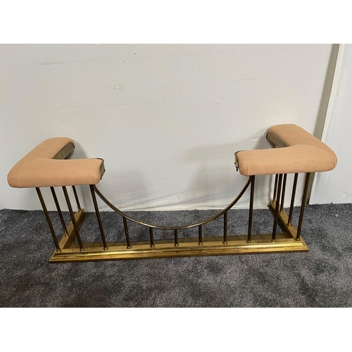 76 - Brass club fender with upholstered seat. {56 cm H x 134 cm W x 44 cm D}.