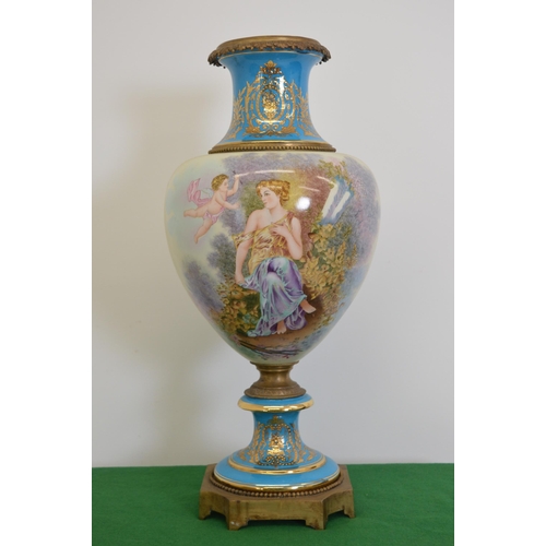 78 - Decorative ceramic and hand painted urn with ormolu mounts.{65 cm H  x 30 cm W}.