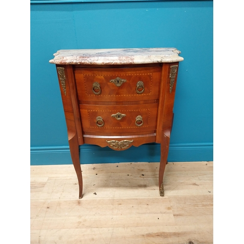 79 - Early 20th C. inlaid kingwood serpentine front side cabinet with marble top, ormolu mounts and two d... 