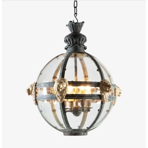 80 - Exceptional quality Bronze globe hall lantern decorated with brass lions masks in the Italian style ... 