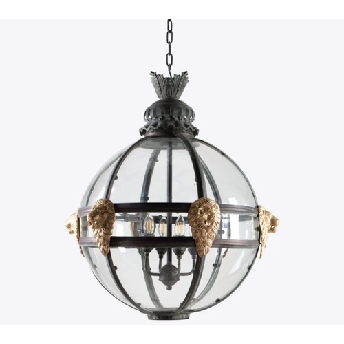 80 - Exceptional quality Bronze globe hall lantern decorated with brass lions masks in the Italian style ... 