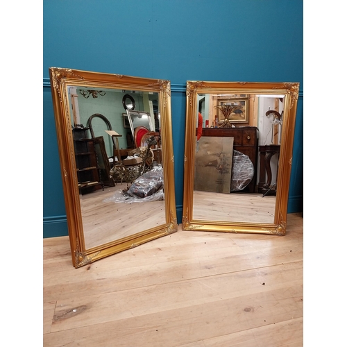 85 - Pair of decorative gilt wall mirrors with bevelled glass {104 cm H x 73 cm W}.
