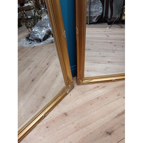 85 - Pair of decorative gilt wall mirrors with bevelled glass {104 cm H x 73 cm W}.