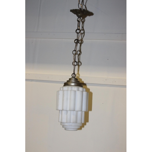 92 - Art deco hall lamp with opaline glass shade  {Hanging H 70cm x Dia 20cm}.