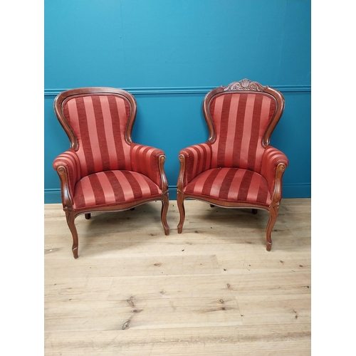 95 - Pair of mahogany and upholstered open armchairs on Queen Anne legs.{104 cm H x 64 cm W x 60 cm D}.