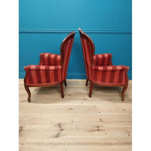 95 - Pair of mahogany and upholstered open armchairs on Queen Anne legs.{104 cm H x 64 cm W x 60 cm D}.