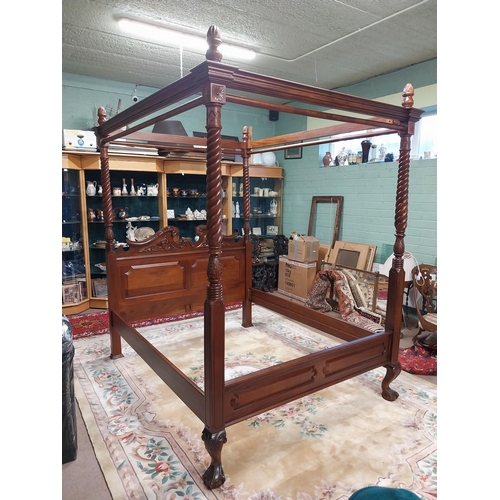 212 - Good quality carved mahogany four poster bed with barley twist columns raised on ball and claw feet ... 