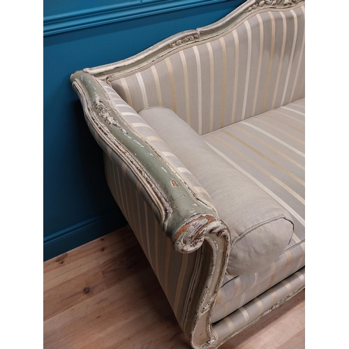 213 - Good quality 19th C. French distressed painted and upholstered sofa raised on cabriole legs {86 cm H... 