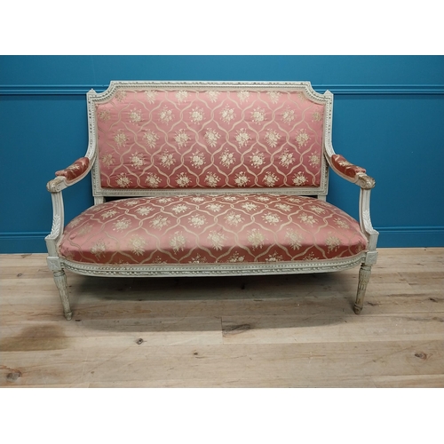 217 - 19th C. two seater French sofa with carved  pine frame and upholstered seat on reeded legs {104cm H ... 